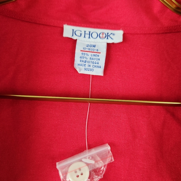 JG Hook Womens Plus Size 28W Linen Blend Red/White Ruffle Front Button Shirt - Picture 6 of 10